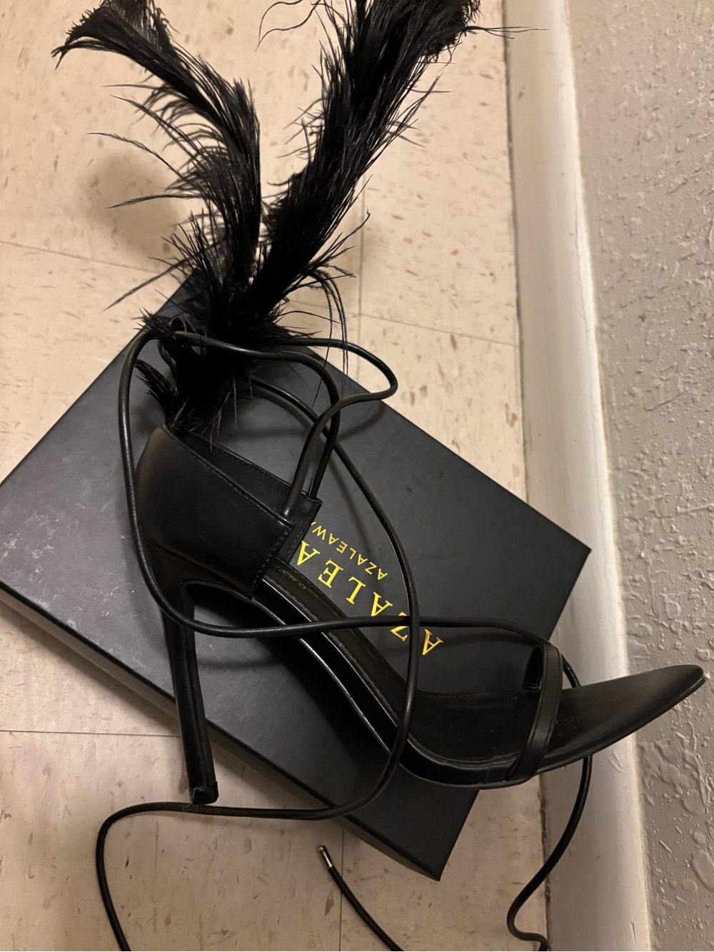 Black Feather Ankle-Tie Stiletto Sandals - Picture 5 of 6